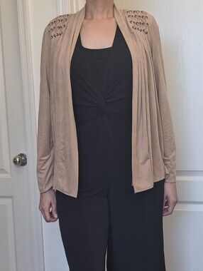 Dressbarn Suede Like, open Cardigan w/Criss Cross Detail Stitching On Shoulder